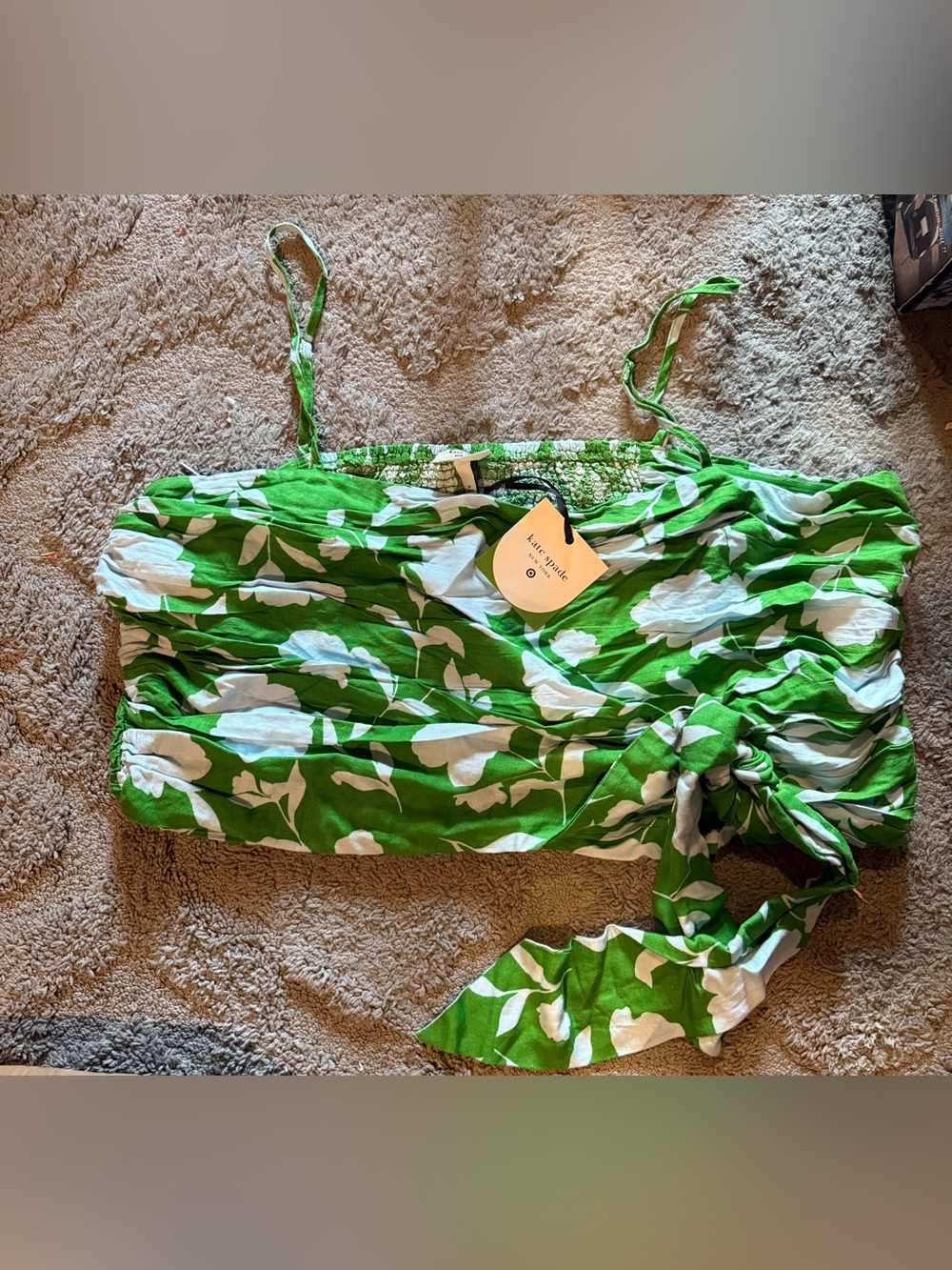 kate spade Green & White Floral Smocked cropped tank with Tie front